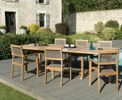 Salon de Jardin Teck Table extensible 200/300 + 6 fauteuils empilables SUMMER ref. 30020854