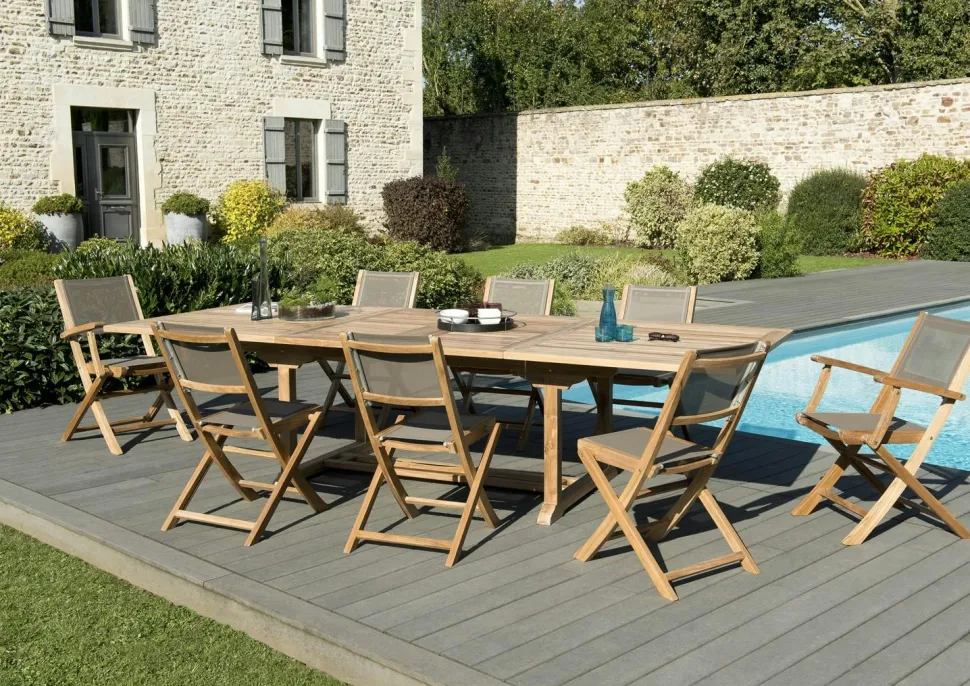 Salon de Jardin Teck Table extensible 200/300 + 6 chaises pliantes 2 fauteuils pliants SUMMER ref. 30020853
