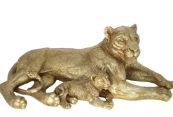 Sculpture moderne lionne et lionceau couleur dorée