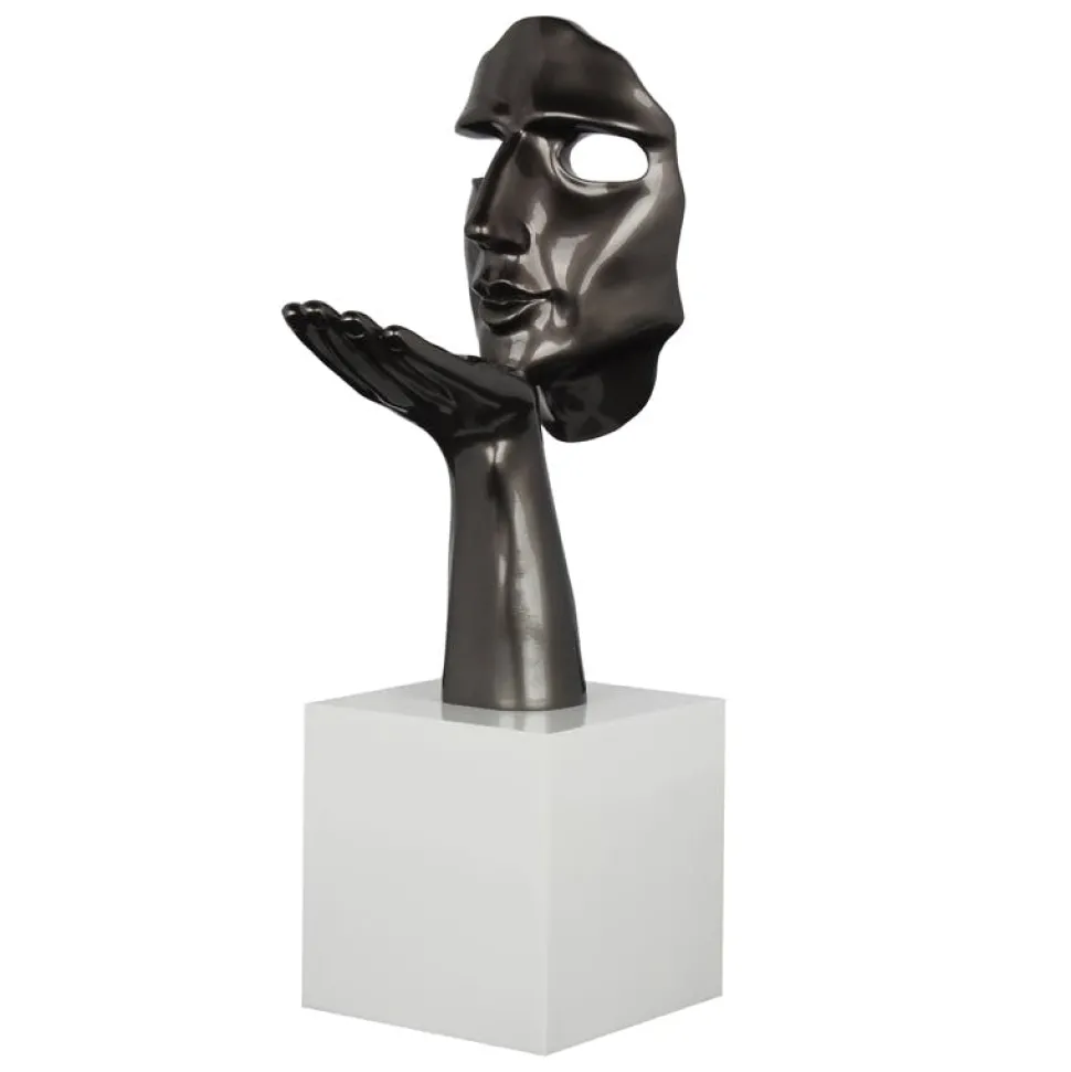 Sculpture "Speranza" visage et main gris perle sur socle H57cm