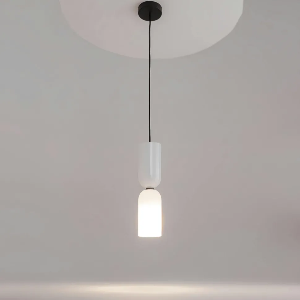 Suspension blanche en verre - sablier & bague noire WINDER
