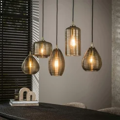 Suspension de table en verre brun 5 lampes striées NOVA