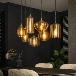 Suspension de table en verre brun 5 lampes striées NOVA