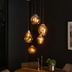 Suspension en verre ambré verticale avec ens. 5 abat-jour NOVA