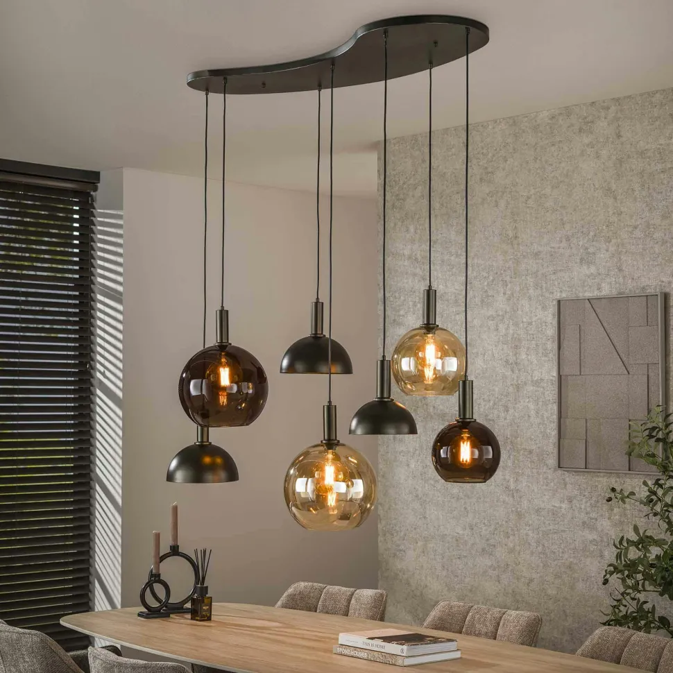 Suspension industrielle abat-jour verre et métal 7 lampes NOVA