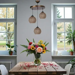 Suspension moderne 3 abat-jour tressés finition bronze AROSA