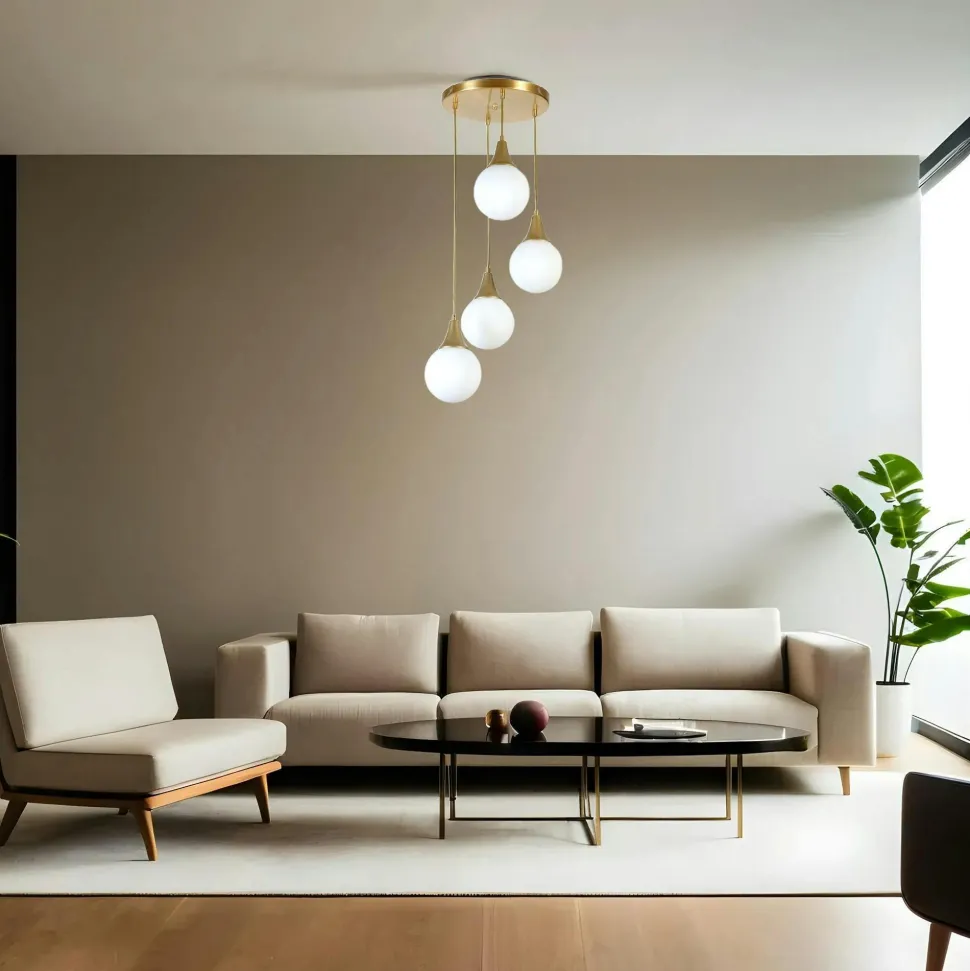 Suspension moderne dorée 4 globes verre ambré SIERRE