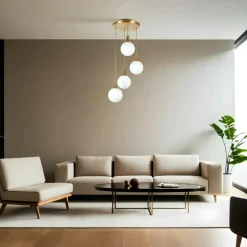 Suspension moderne dorée 4 globes verre dépoli SIERRE