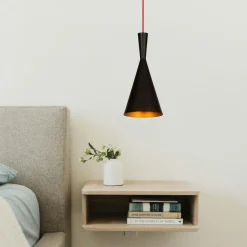 Suspension moderne noire mate câble rouge, forme cloche SILE