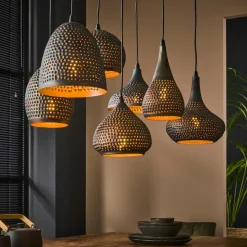 Suspension multiple 7 lampes en métal brun sombre JAVA
