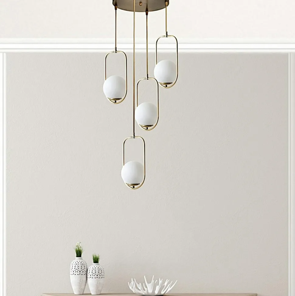 Suspension vintage cuivrée 4 globes blancs sur cadres SIERRE