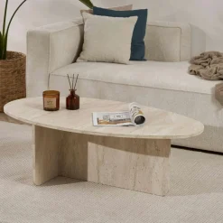 Table à manger moderne effet travertin pieds en V 180 cm MARFA