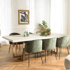 Table à manger ronde béton beige pieds bois croisés DIKA