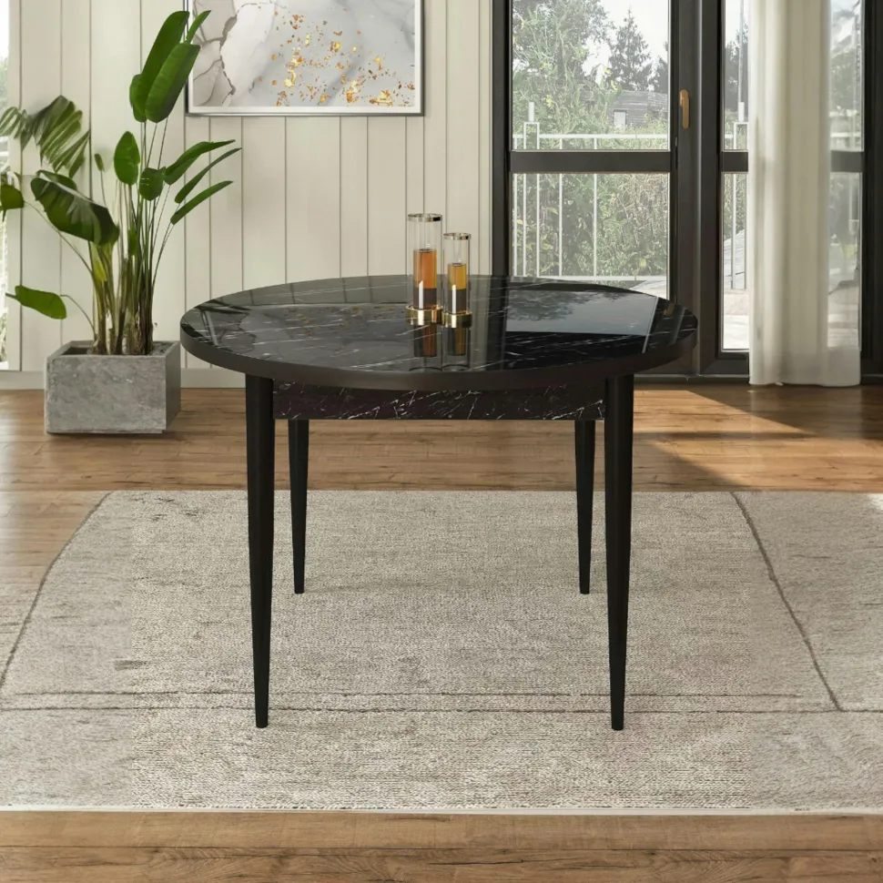 Table à manger ronde noire décor marbré Ø90 cm LUNOR