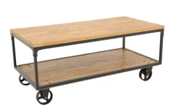 Table basse à roulettes double plateaux en Hévéa recyclé naturel et métal 120x60x47cm LOFT
