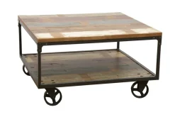 Table basse à roulettes double plateaux en Hévéa recyclé coloré et métal 90x90x47cm LOFT COLORS