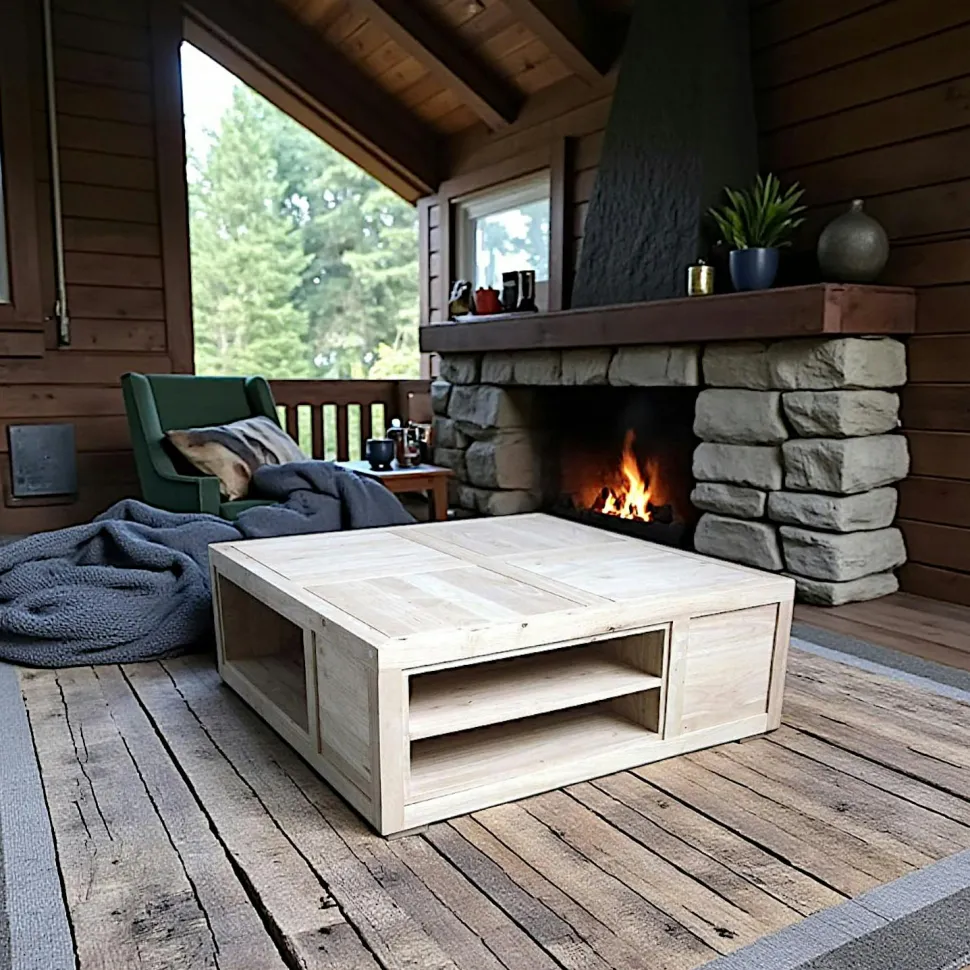 Table basse carrée avec casiers hévéa 100x100x38cm HELENA