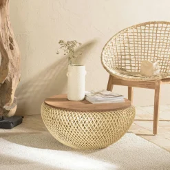 Table basse coffre ronde rotin noir et teck recyclé 100 cm SWING
