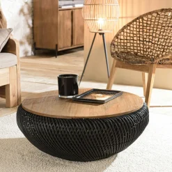 Table basse coffre ronde rotin beige et teck recyclé 66 cm SWING