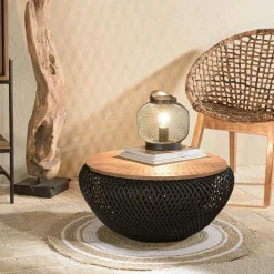 Table basse coffre ronde rotin beige et teck recyclé 66 cm SWING