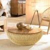 Table basse coffre ronde rotin beige et teck recyclé 81 cm SWING