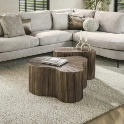 Table basse design en bois de teck avec plateau en marqueterie (lot de 2) YOGY