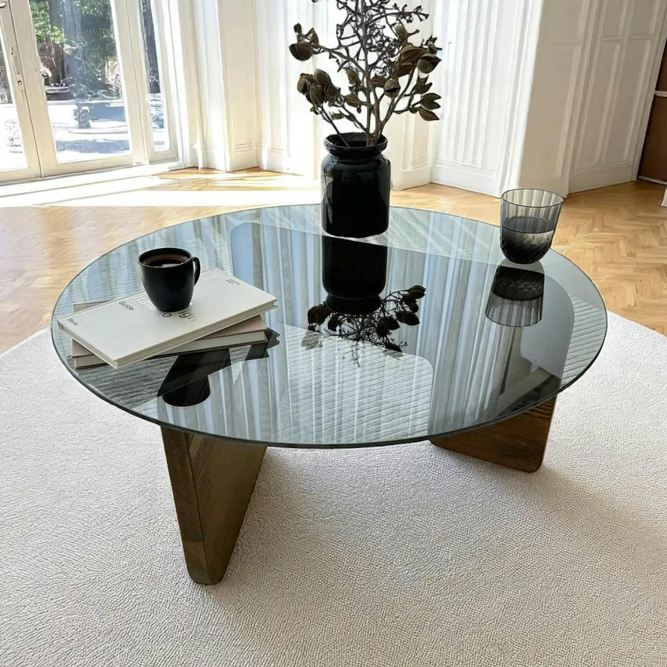 Table basse design en verre fumé - pied bois brun ANZIO