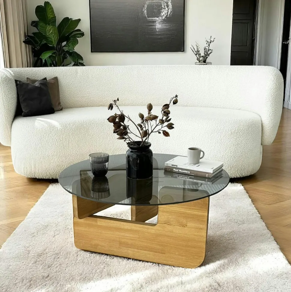 Table basse design en verre fumé - pied bois brun ANZIO
