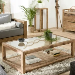 Table basse double plateau en bois de pin recyclé et verre DENVER
