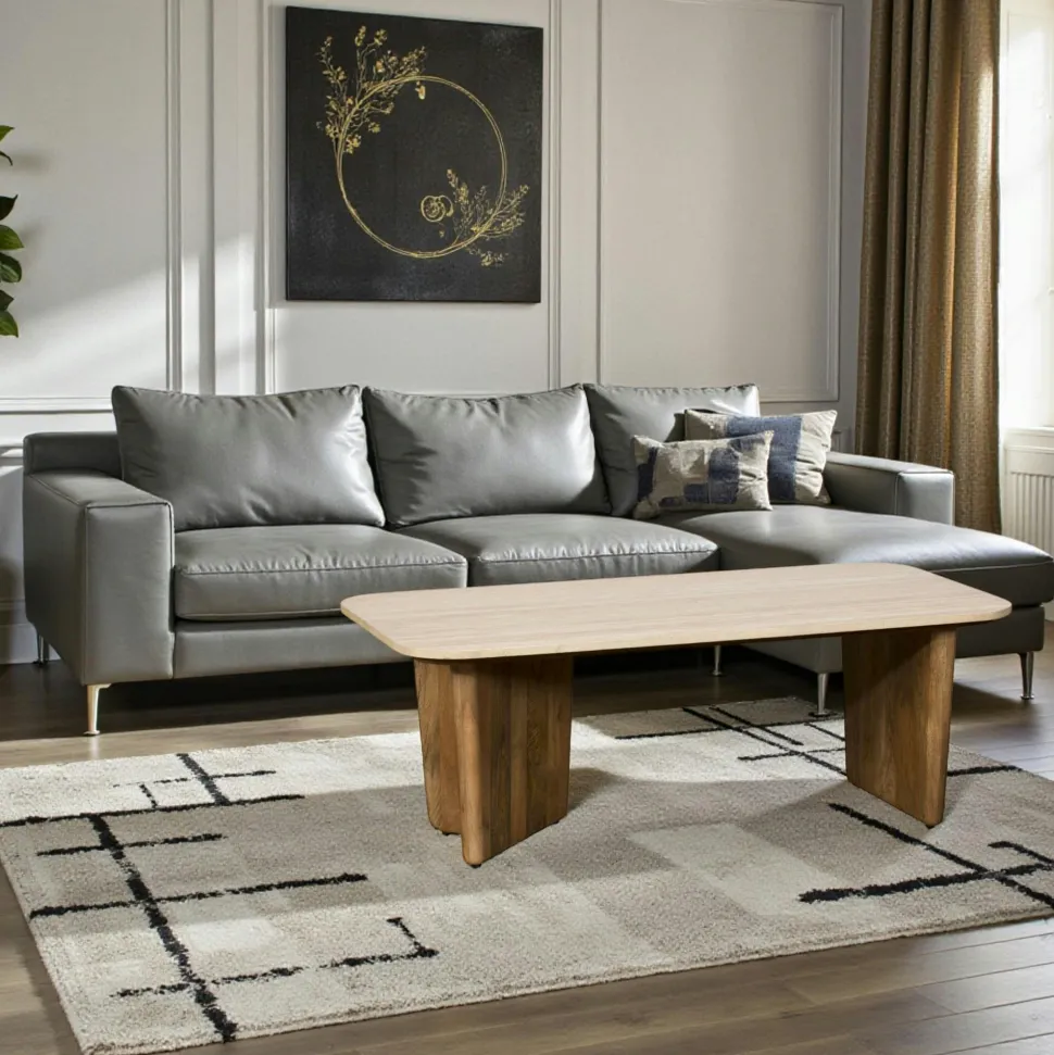 Table basse en bois de manguier et travertin MOON