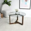 Table basse en verre - pied 3 branches, bois brun ANZIO