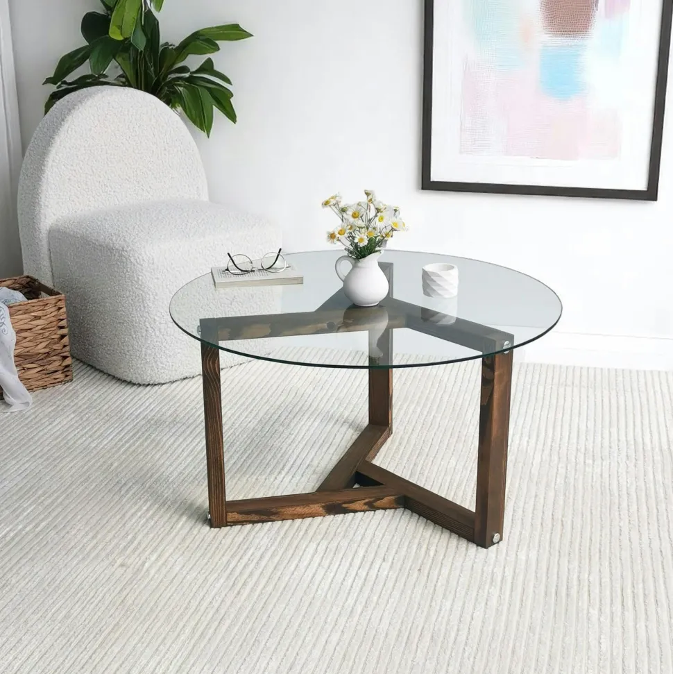 Table basse en verre - pied 3 branches, bois brun ANZIO