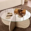 Table basse en verre - pied en croix effet travertin SALTA