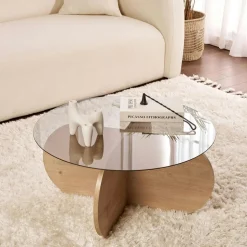 Table basse en verre - pied en croix effet chêne clair SALTA