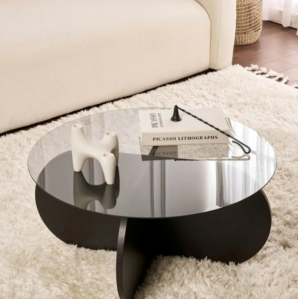 Table basse en verre - pied en croix effet chêne clair SALTA