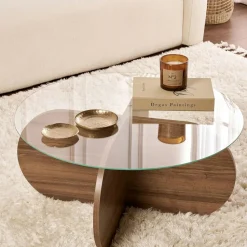 Table basse en verre - pied en croix effet chêne clair SALTA