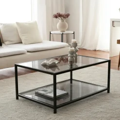 Table basse en verre 2 plateaux, structure dorée TULUM