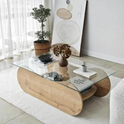 Table basse en verre, base luge noire avec rangement SALTA