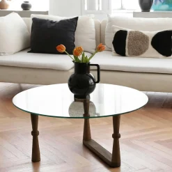 Table basse en verre ronde - pied bois sculpté BOMA