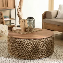 Table basse gigogne ronde en teck et rotin (lot de 3) SWING