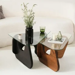 Table basse gigogne verre - 2 bois, triangle (lot de 2) ANZIO