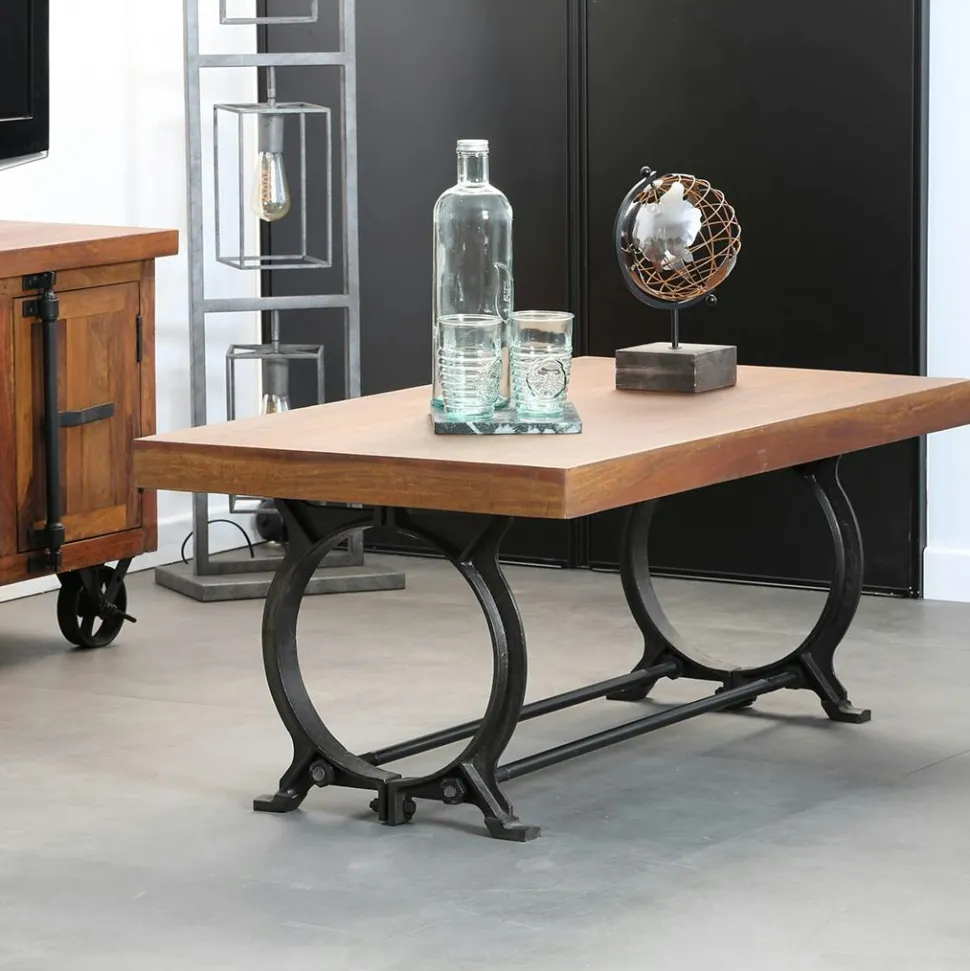 Table basse industrielle vintage bois recyclé roues LEEDS