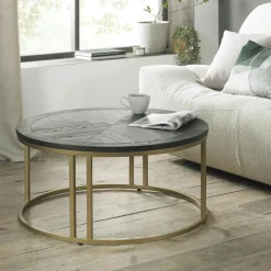 Table basse noire ronde en marqueterie de bois VALLEY