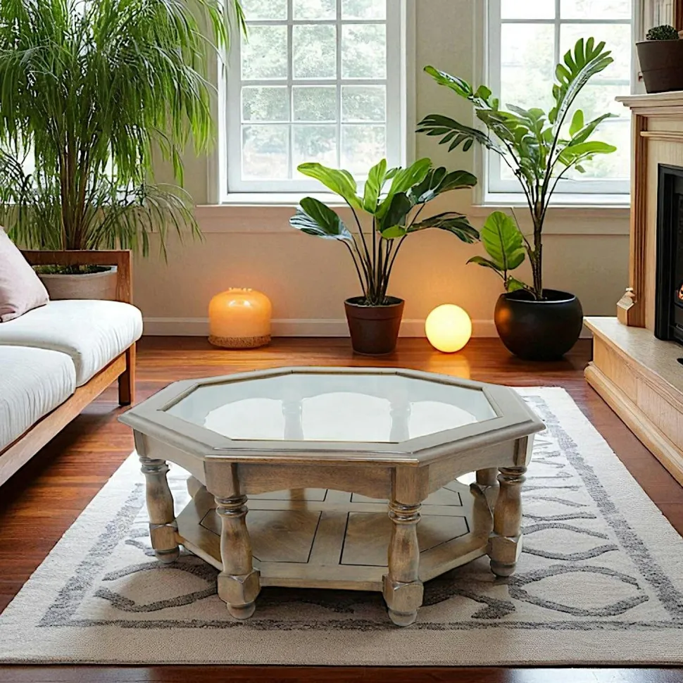 Table basse Octogonale Hévéa double plateaux, 1 plateau haut verre, 1 plateau bas bois D100xH40cm TRADITION