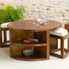 Table basse ronde 2 tabourets avec coussins D90cm LOLA