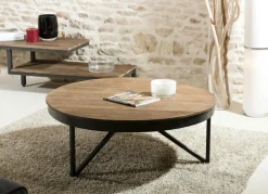 Table basse ronde bois de teck recyclé métal noir grand modèle SWING