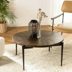 Table basse ronde bois recyclé motif éventail 80 cm KORKAI