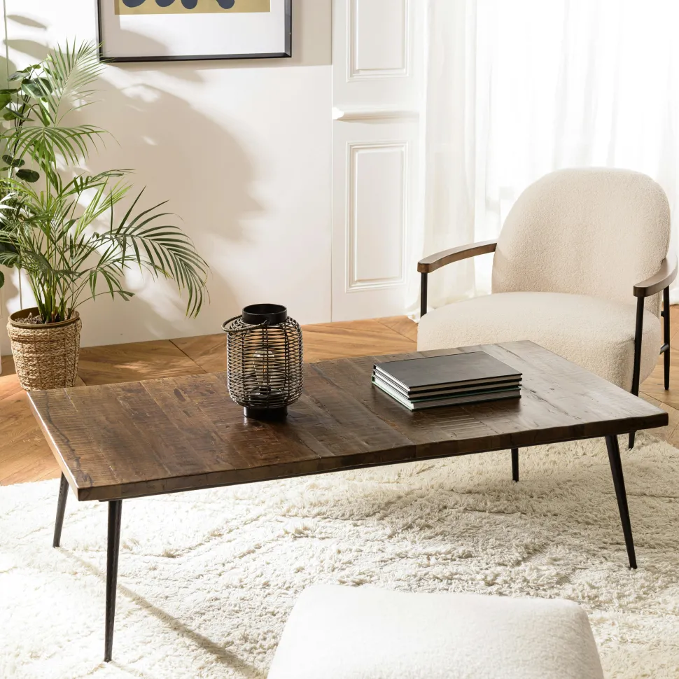 Table basse ronde bois recyclé motif éventail 80 cm KORKAI