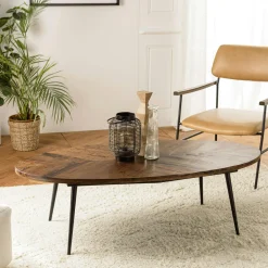 Table basse ronde bois recyclé motif éventail 80 cm KORKAI