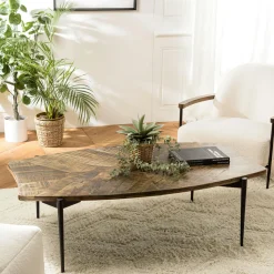 Table basse ronde bois recyclé motif éventail 80 cm KORKAI